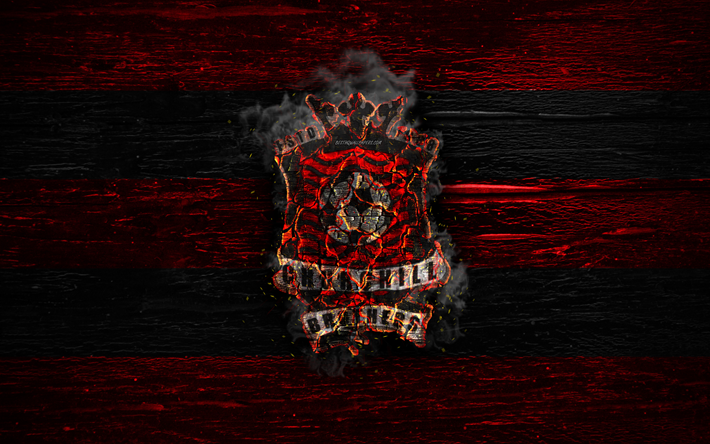 Churchill Brothers FC, fire logo, I-League, red and black lines, indian football club, grunge, football, soccer, logo, Churchill Brothers SC, wooden texture, India