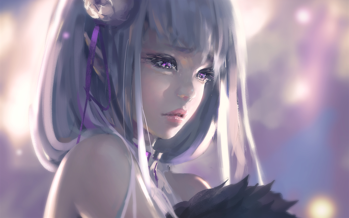 4k, Emilia, Re Zero characters, girl with violet hair, manga, Re Zero, artwork