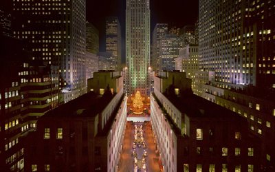 Il Rockefeller Center, Albero di Natale, il Rockefeller Plaza, New York, Natale, Nuovo Anno, USA, sera