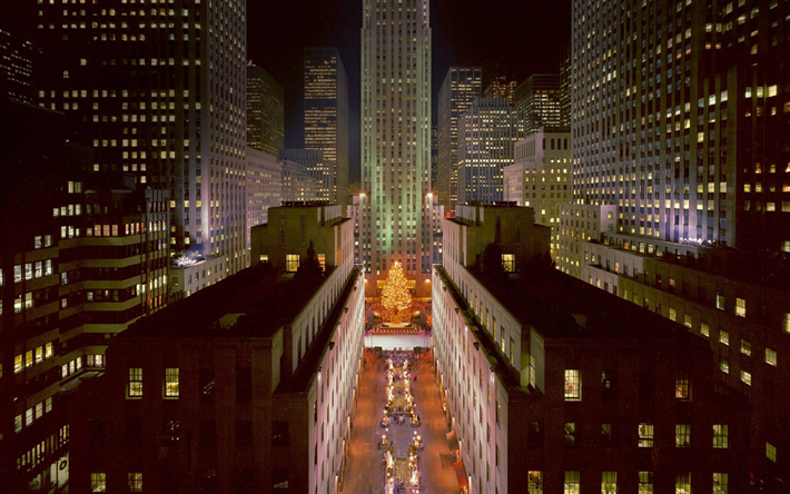 El Rockefeller Center, el &#193;rbol de Navidad de Rockefeller Plaza, Nueva York, Navidad, A&#241;o Nuevo, estados UNIDOS, por la noche