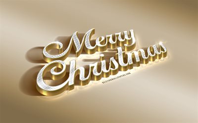 Merry Christmas, 3d art, 3d diamond letters, golden inscription, Christmas greeting card, creative art, golden background