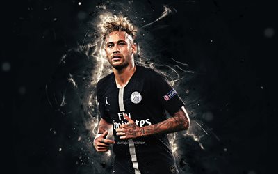 Neymar JR, black uniform, brazilian footballers, striker, PSG FC, Ligue 1, close-up, football stars, Paris Saint-Germain, neon lights, Neymar, soccer