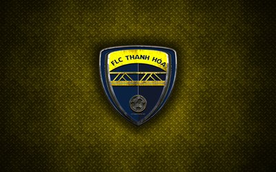 FLC Thanh Hoa FC, metal logo, vietnamese football club, emblem, yellow metal background, V League 1, Thanh Hoa, Vietnam, football