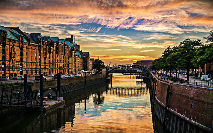 Hampuri, sunset, HDR, illalla kaupunki, street, river, Saksa, Euroopassa