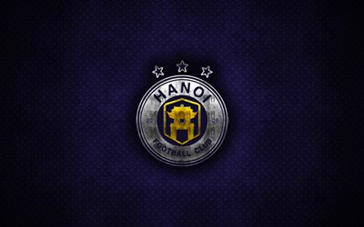 Ha Noi FC, logo en m&#233;tal, vietnamien club de football, l&#39;embl&#232;me, le violet m&#233;tal fond, la m&#233;tallurgie, la V de la Ligue 1, Hanoi, Vietnam, football