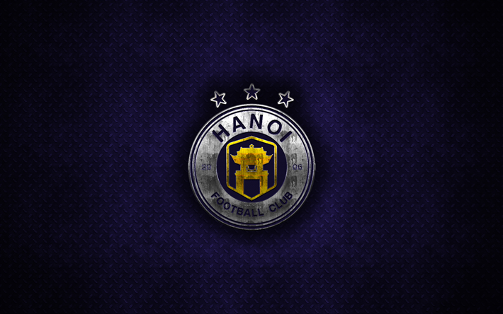 Ha Noi FC, logo in metallo, vietnamita football club, emblema, viola metallo, sfondo, lavorazione dei metalli, V League 1, Hanoi, Vietnam, calcio