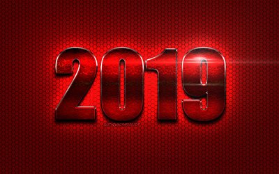 2019 red metal digits, red metal background, Happy New Year 2019, red digits, 2019 concepts, 2019 on red background, 2019 year digits, 2019 year