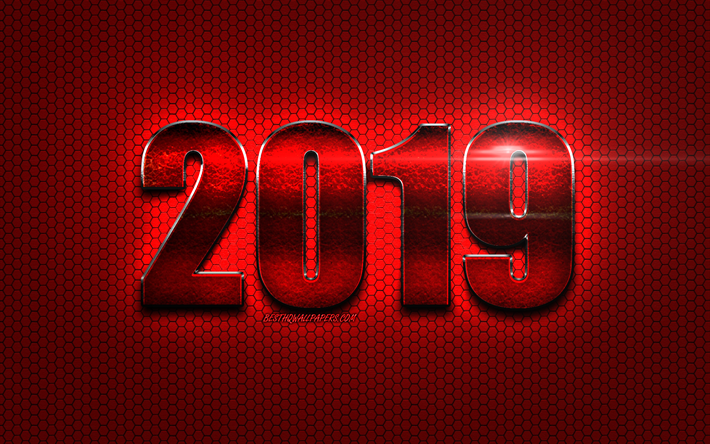 2019 red metal digits, red metal background, Happy New Year 2019, red digits, 2019 concepts, 2019 on red background, 2019 year digits, 2019 year