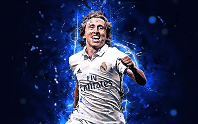Luka Modric, Golden Ball 2018, croatian footballers, Real Madrid FC, soccer, Modric, neon lights, Golden Ball Winner 2018, La Liga, football, Galacticos