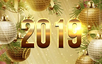 New 2019 Year, golden Christmas background, golden balls, 2019 creative art, golden numbers, 2019 greeting card, 3d gold 2019 inscription