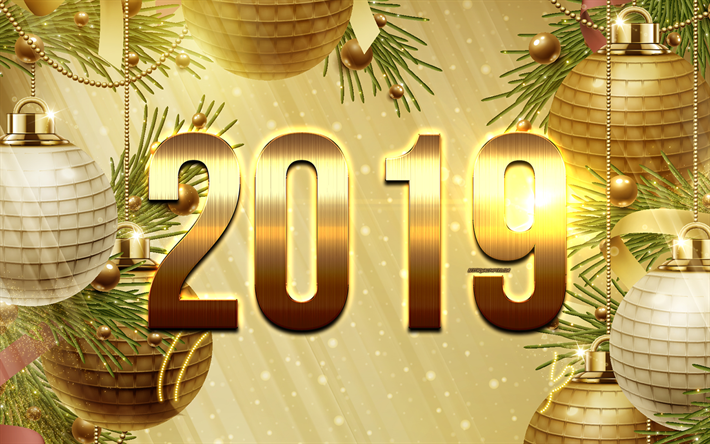 Novo Ano 2019, de ouro de Natal de fundo, bolas de ouro, 2019 arte criativa, golden n&#250;meros, 2019 cart&#227;o de sauda&#231;&#227;o, 3d ouro 2019 inscri&#231;&#227;o