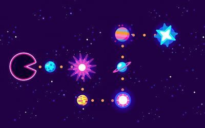 Pac-Man, 4k, planets, galaxy, minimal, pacman, Namco