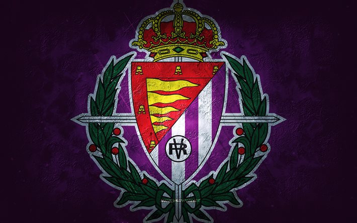 real valladolid cf, spanischer fu&#223;ballverein, lila stein hintergrund, real valladolid logo, grunge kunst, la liga, fu&#223;ball, spanien, real valladolid emblem