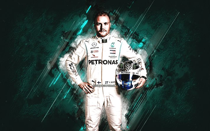 Valtteri Bottas, pilota finlandese di auto da corsa, Mercedes-AMG Petronas F1 Team, Formula 1, Sfondo in pietra turchese, F1, Arte creativa