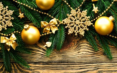 4k, golden stars, golden christmas balls, wooden backgrounds, christmas decorations, Happy New Year, xmas balls, xmas stars, Merry Christmas, new year concepts