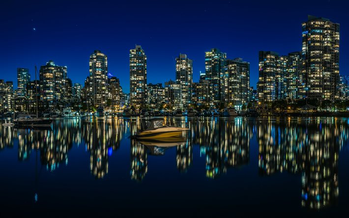Vancouver, night, modern buildings, boat, Vancouver cityscape, Canadian cities, Canada