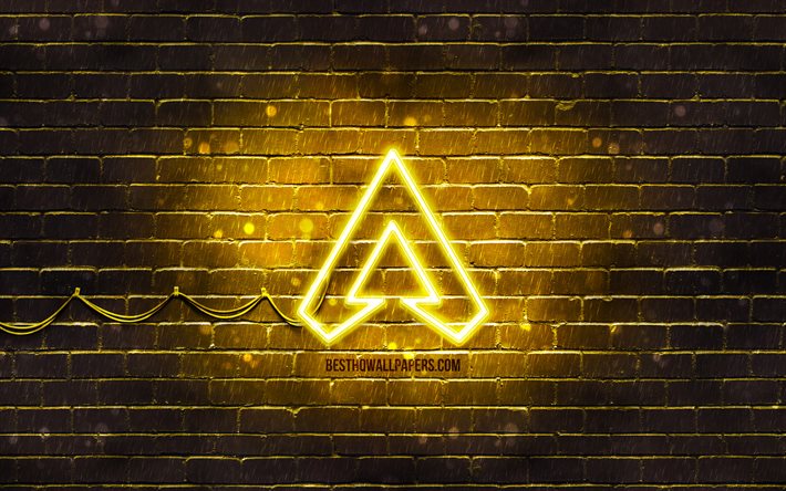 Apex Legends gula logotyp, 4k, gul brickwall, Apex Legends logotyp, 2020 spel, Apex Legends neon logotyp, Apex Legends