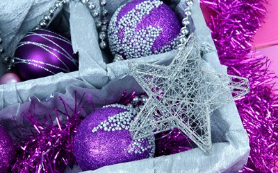4k, silver stars, violet christmas balls, christmas decorations, Happy New Year, xmas stars, new year concepts, Merry Christmas, xmas balls