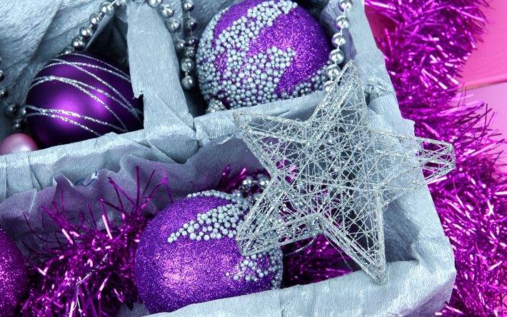 4k, 銀の星, バイオレットクリスマスボール, クリスマスの装飾, 新年あけましておめでとうございます, クリスマスの星, 新年のコンセプト, メリークリスマス, クリスマスボール