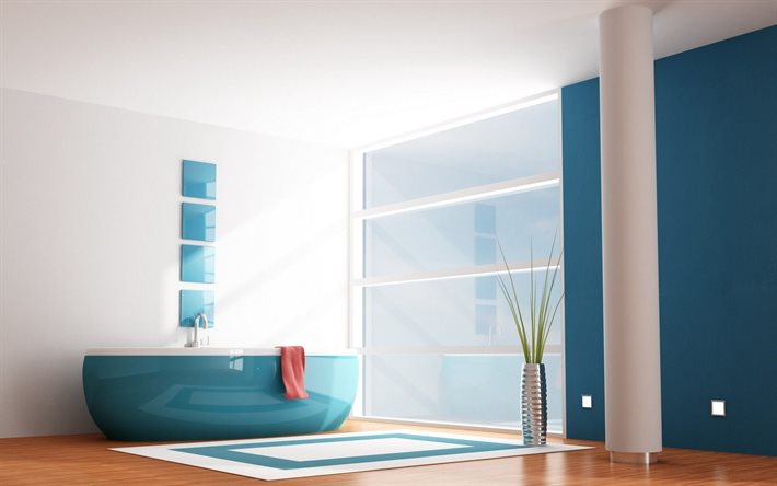 badezimmer im stil des minimalismus, blaues badezimmer, modernes innendesign, blaue w&#228;nde im badezimmer, badezimmerprojekt
