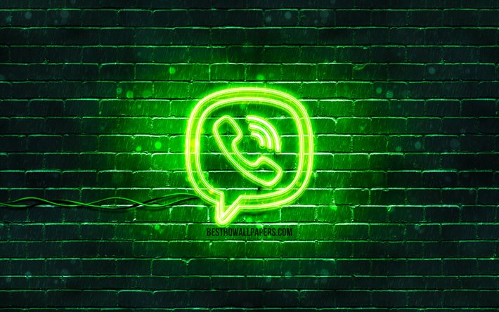 Logo verde Viber, 4k, muro di mattoni verde, logo Viber, social network, logo neon Viber, Viber