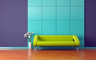 chambre violette, canap&#233; vert, int&#233;rieurs modernes, mobilier vert, carr&#233;s bleus sur le mur, design moderne, couloir