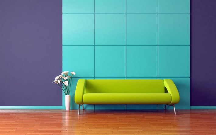 camera viola, divano verde, interni moderni, mobili verdi, quadrati blu sul muro, design moderno, corridoio