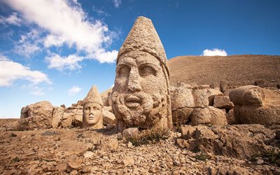 Nemrud, Mount Nemrut, statyhuvuden, East Terrace, landm&#228;rke, statyer, Adiyaman Province, Turkiet