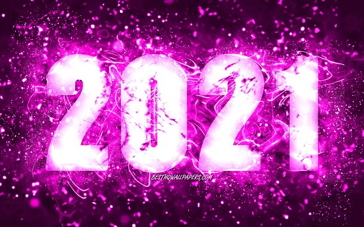 Feliz Ano Novo 2021, 4k, luzes de n&#233;on roxas, 2021 d&#237;gitos roxos, 2021 conceitos, 2021 em fundo roxo, 2021 d&#237;gitos do ano, criativo, 2021 Ano Novo