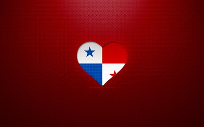 J&#39;aime le Panama, 4k, pays d&#39;Am&#233;rique du Nord, fond pointill&#233; rouge, coeur de drapeau panam&#233;en, Panama, pays pr&#233;f&#233;r&#233;s, amour Panama, drapeau panam&#233;en