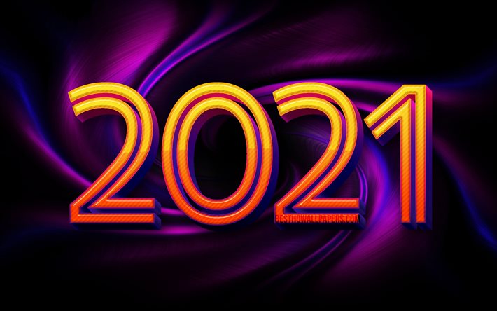 4k, Gott nytt &#229;r 2021, abstrakt virvel, orange 3D-siffror, 2021 orange siffror, 2021 koncept, 2021 ny&#229;r, 2021 p&#229; violett bakgrund, 2021-&#229;rssiffror