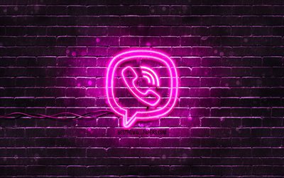 Viber purple logo, 4k, purple brickwall, Viber logo, social networks, Viber neon logo, Viber