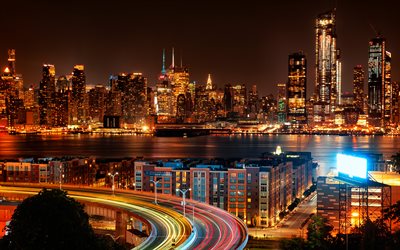 New York, 4k, amerikan şehirleri, Manhattan, g&#246;kdelenler, manzarası şehir manzarası, New York panorama, ABD, Amerika