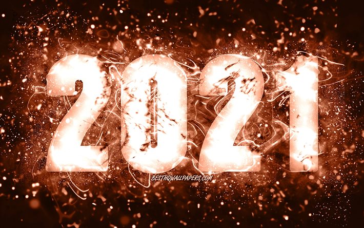 4k, Feliz Ano Novo de 2021, luzes de n&#233;on marrons, 2021 d&#237;gitos marrons, 2021 conceitos, 2021 em fundo marrom, 2021 d&#237;gitos do ano, criativo, 2021 Ano Novo