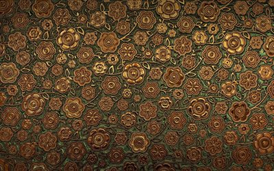 brown vintage background, metal floral pattern, floral ornaments, vintage floral pattern, background with ornaments, floral patterns, brown backgrounds