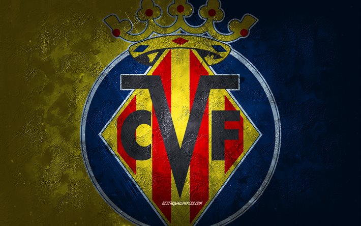 Villarreal CF, Espanjan jalkapalloseura, keltainen-sininen kivitausta, Villarreal CF-logo, grunge-taide, La Liga, jalkapallo, Espanja, Villarreal CF-tunnus