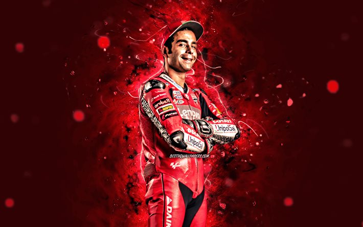 Danilo Petrucci, 4k, luci al neon rosse, Ducati Corse, pilota italiano, MotoGP, Danilo Carlo Petrucci, Campionato del mondo MotoGP, Danilo Petrucci 4K