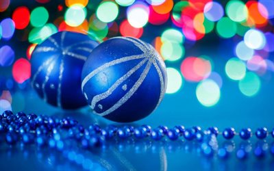 4k, blue christmas balls, colorful glare, Happy New Year, christmas decorations, bokeh, xmas balls, new year concepts, Merry Christmas