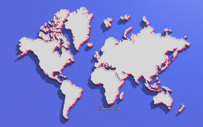 3d-maailmankartta, sinisten viivojen tausta, maailmankarttakonseptit, maanosat, maailmankartta, 3d-taide