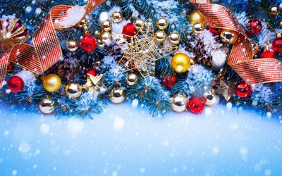 christmas decorations, ribbons, xmas balls, bumps, Happy New Year, Merry Christmas, new year concepts, xmas frames