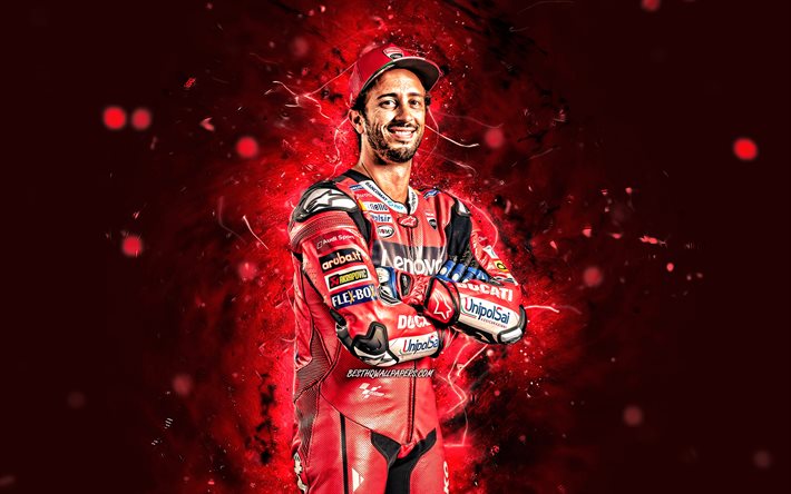 Andrea Dovizioso, 4k, luzes de n&#233;on vermelhas, Ducati Corse, motociclista italiano, MotoGP, Campeonato do Mundo de MotoGP, Andrea Dovizioso 4K