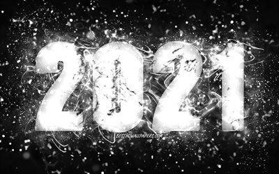 Happy New Year 2021, 4k, white neon lights, 2021 white digits, 2021 concepts, 2021 on black background, 2021 year digits, creative, 2021 New Year