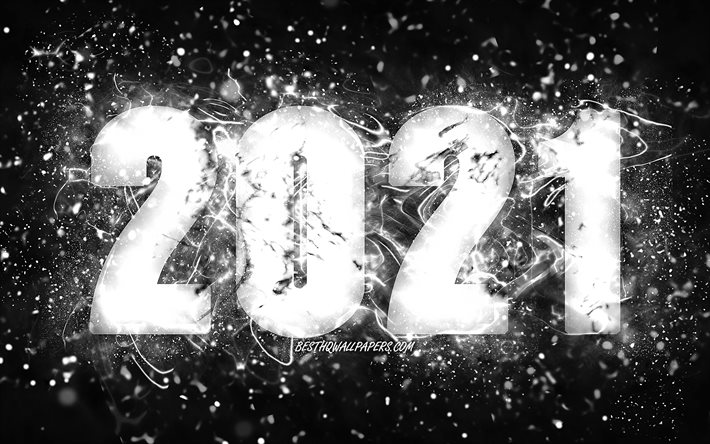 Feliz ano novo 2021, 4k, luzes de n&#233;on brancas, 2021 d&#237;gitos brancos, 2021 conceitos, 2021 em fundo preto, d&#237;gitos do ano 2021, criativo, 2021 ano novo