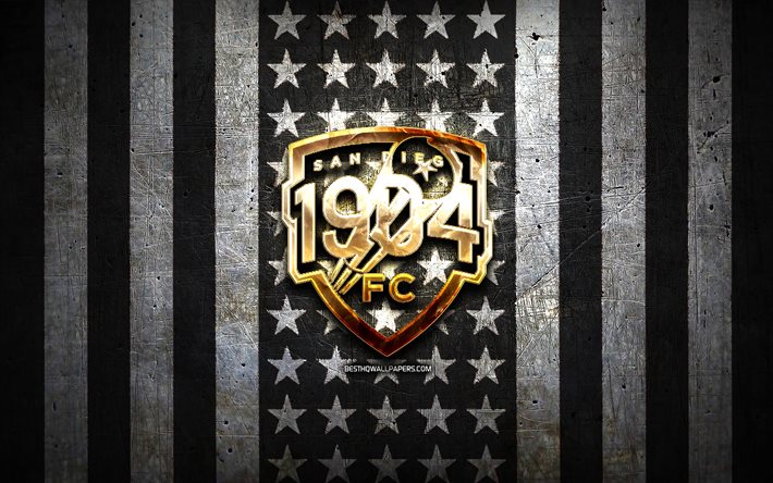 San Diego 1904 flag, NISA, white black metal background, american soccer club, San Diego 1904 logo, USA, soccer, San Diego 1904 FC, golden logo