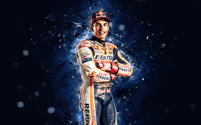 Marc Marquez, 4k, mavi neon ışıklar, Repsol Honda Takımı, İspanyol motosiklet yarış&#231;ısı, MotoGP, Marc Marquez Alenta, MotoGP D&#252;nya Şampiyonası, Marc Marquez 4K