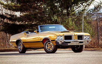 Oldsmobile 442, W30, 1970, yellow convertible, american cars, front view, vintage cars, Oldsmobile