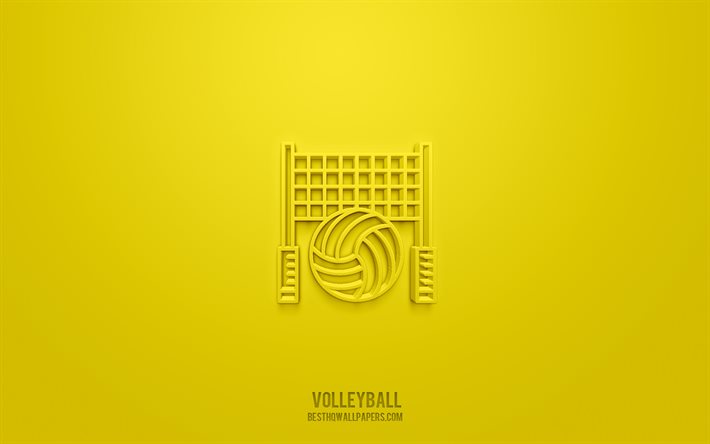 Icona 3d di pallavolo, sfondo giallo, simboli 3d, pallavolo, icone di sport, icone 3d, segno di pallavolo, icone di sport 3d