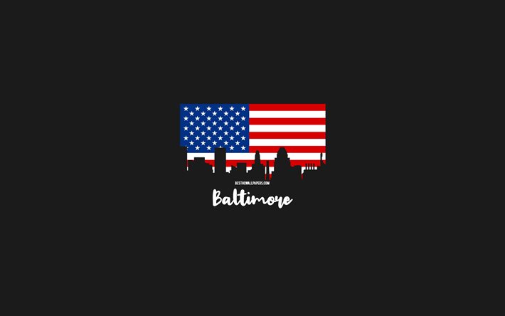 Baltimore, amerikanska st&#228;der, Baltimore silhuetthorisont, USA-flagga, Baltimore stadsbild, Amerikansk flagga, USA, Baltimore skyline