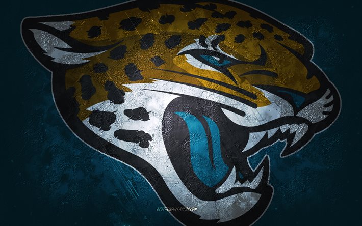 Jacksonville Jaguars, amerikansk fotbollslag, bl&#229; sten bakgrund, Jacksonville Jaguars logotyp, grunge konst, NFL, amerikansk fotboll, USA, Jacksonville Jaguars emblem