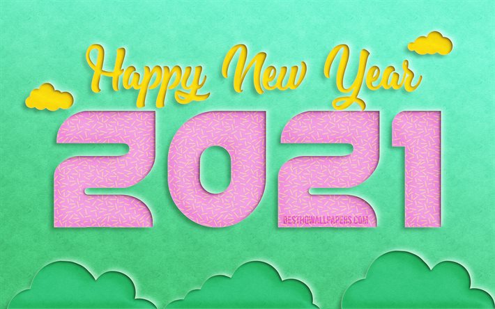 4k, 2021 new year, abstract landscapes, 2021 pink cut digits, 2021 concepts, 2021 on green background, 2021 year digits, Happy New Year 2021